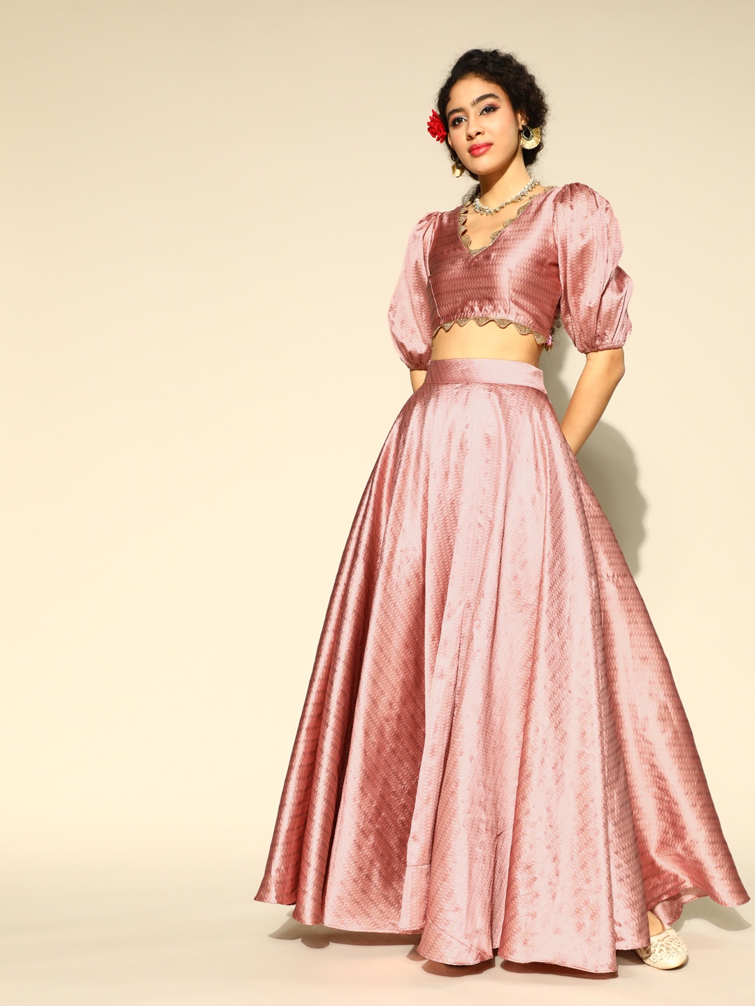 

Inddus Pink Brocade Woven Design Top & Skirt