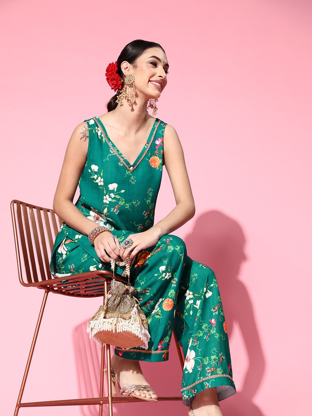 

Inddus Floral Cotton Blend Short Kurti with Flared Pants, Green