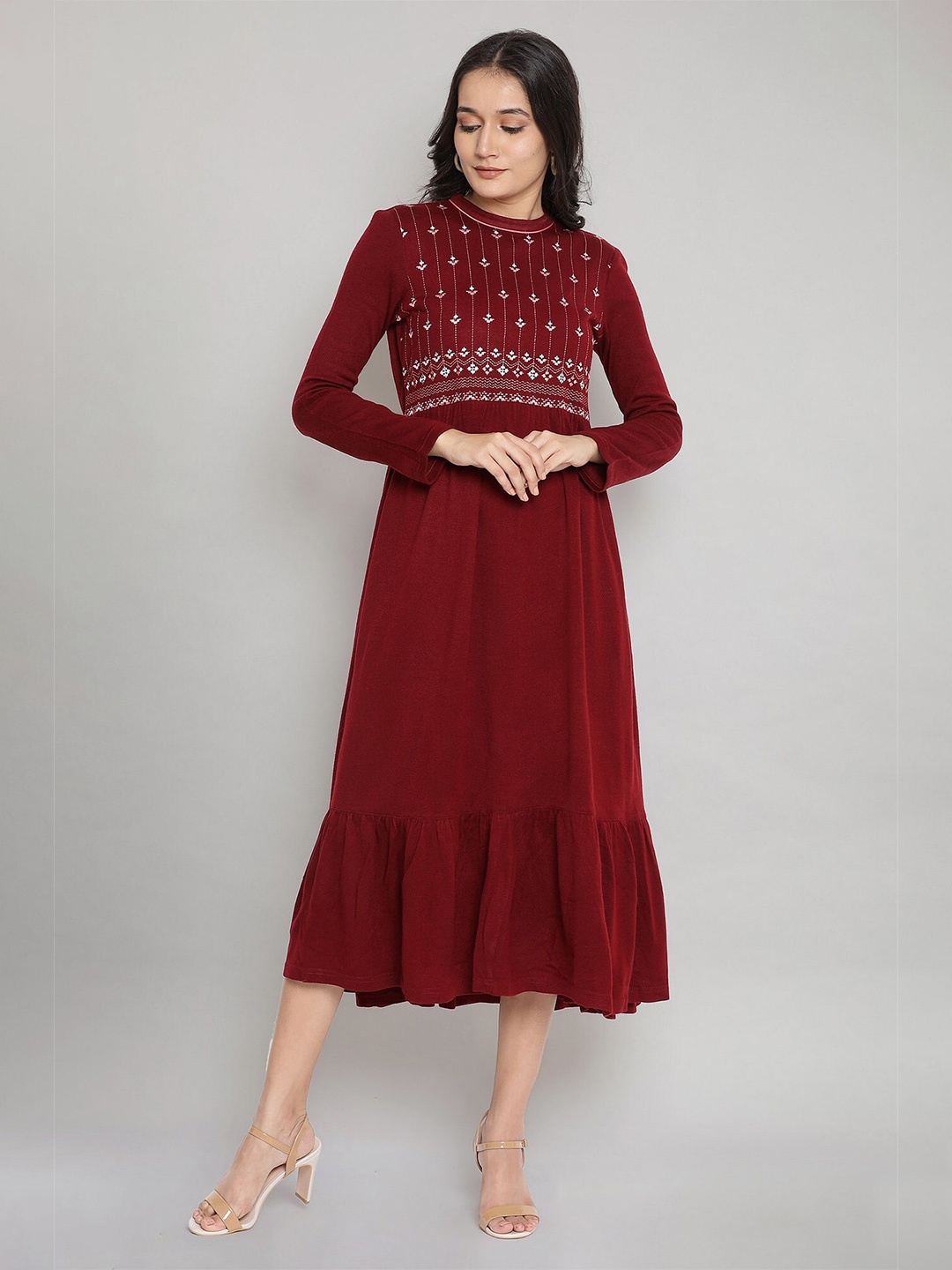 

AURELIA Women Maroon & White Embroidered Acrylic Midi Dress