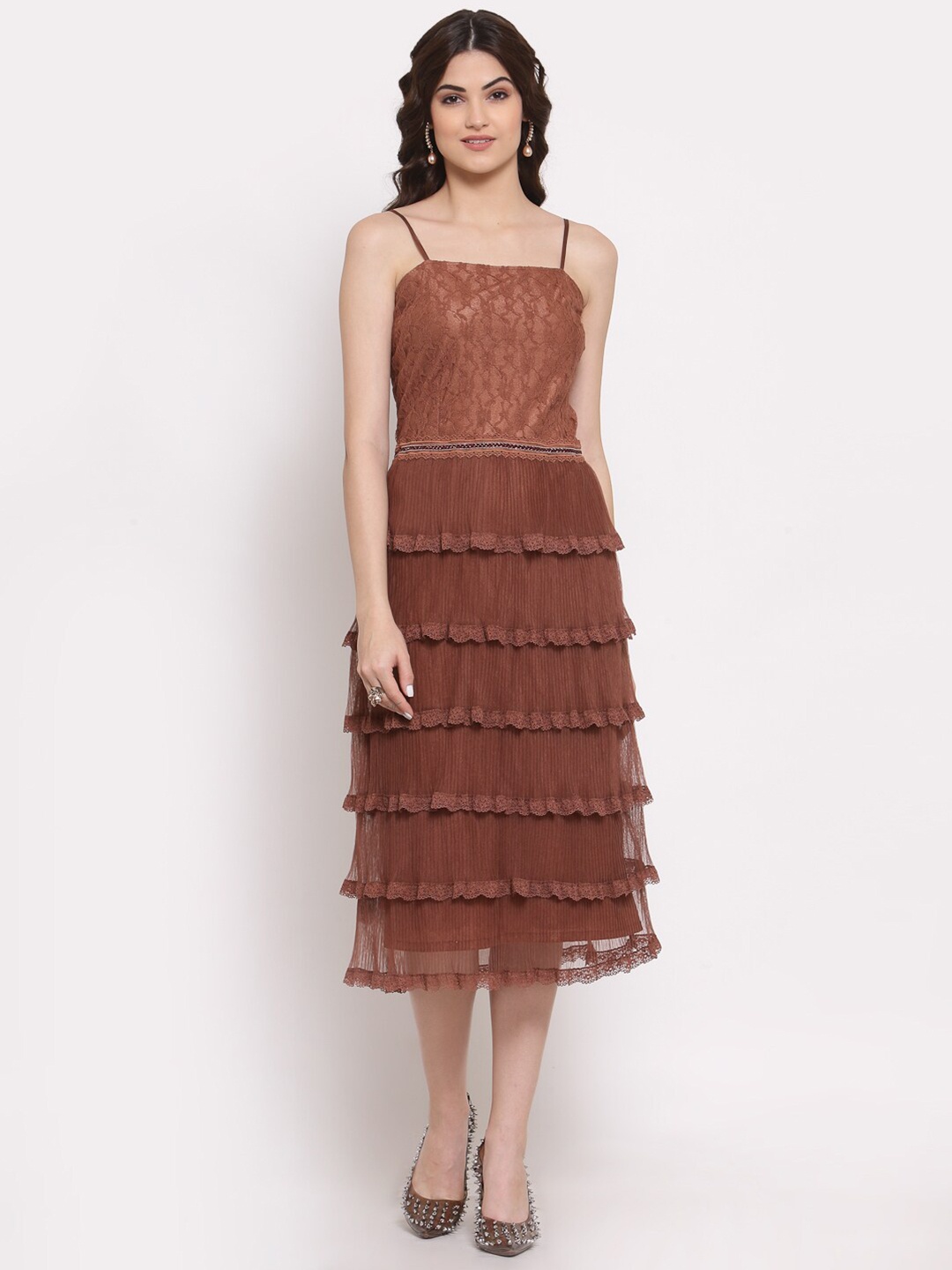 

LELA Women Brown Net Strappy Midi Dress