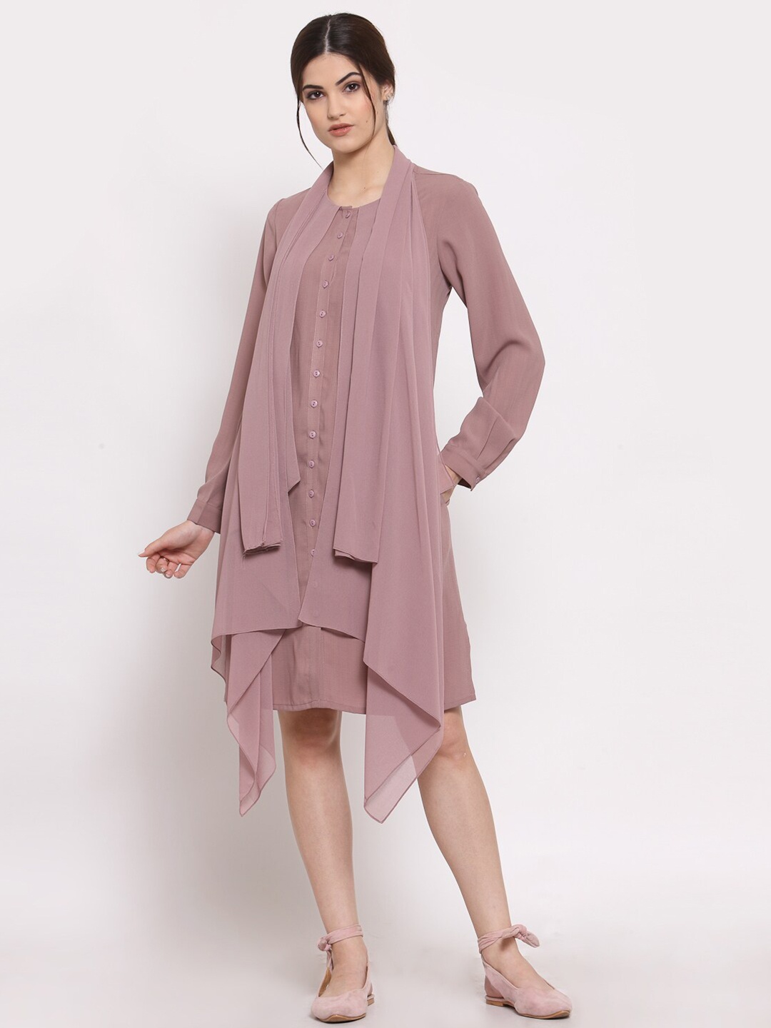 

LELA Pink Solid Round Neck Satin A-Line Dress