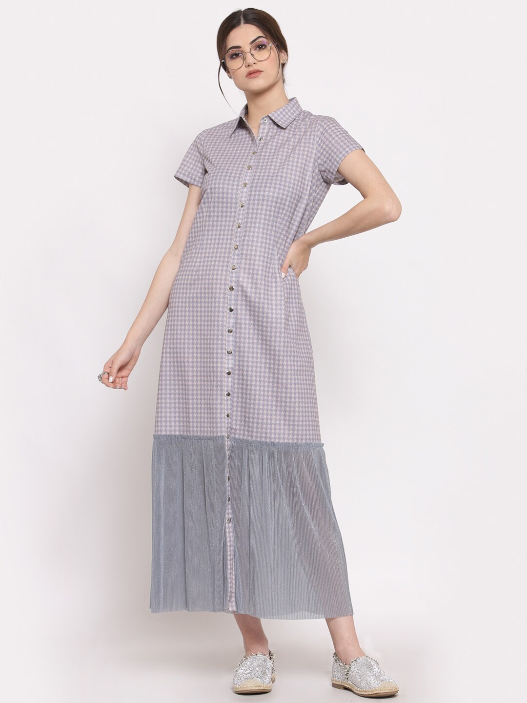 

LELA Women Grey & Beige Checked Cotton Shirt Maxi Dress