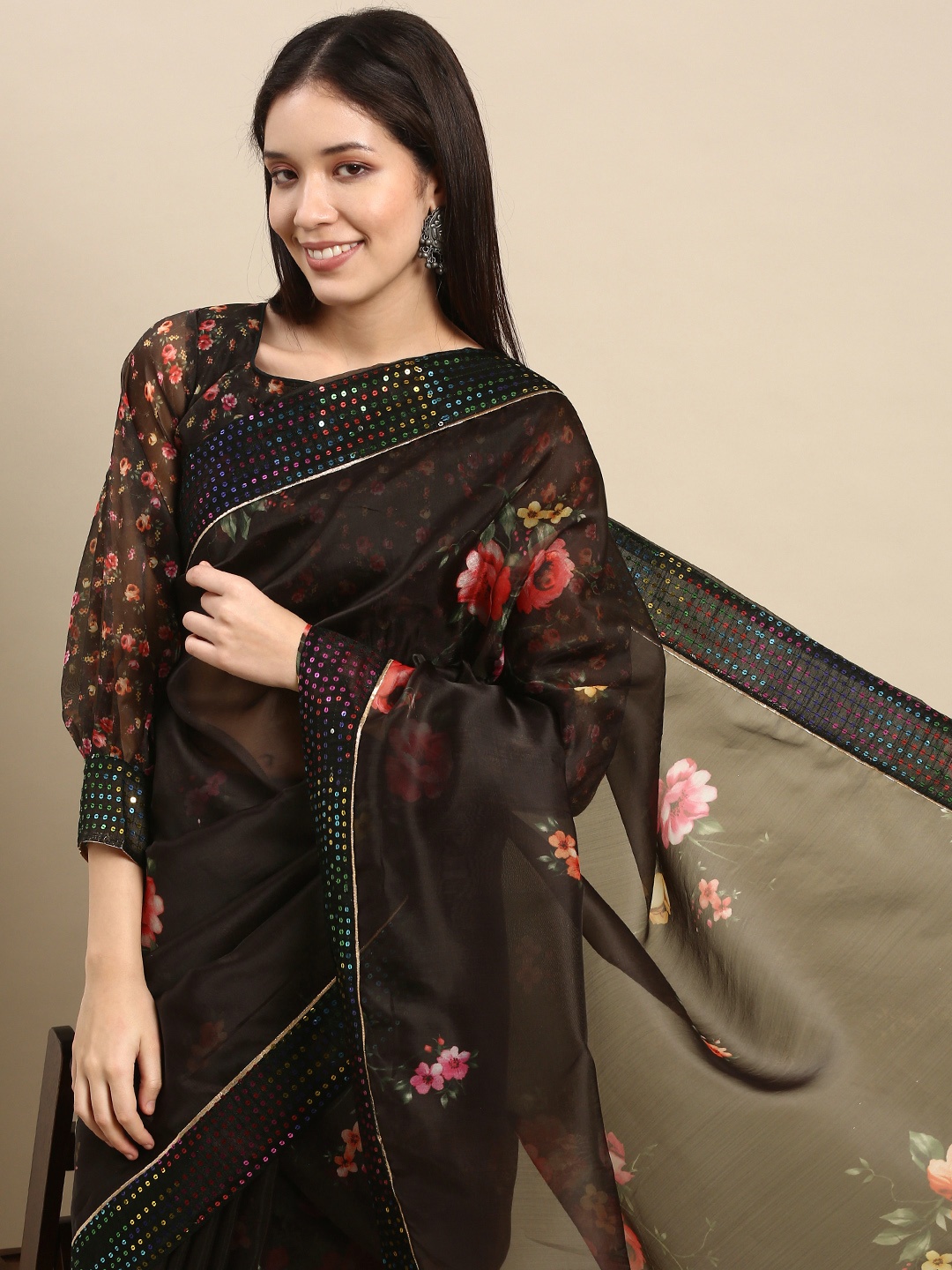 

Anouk Black Floral Printed Sequinned Organza Saree