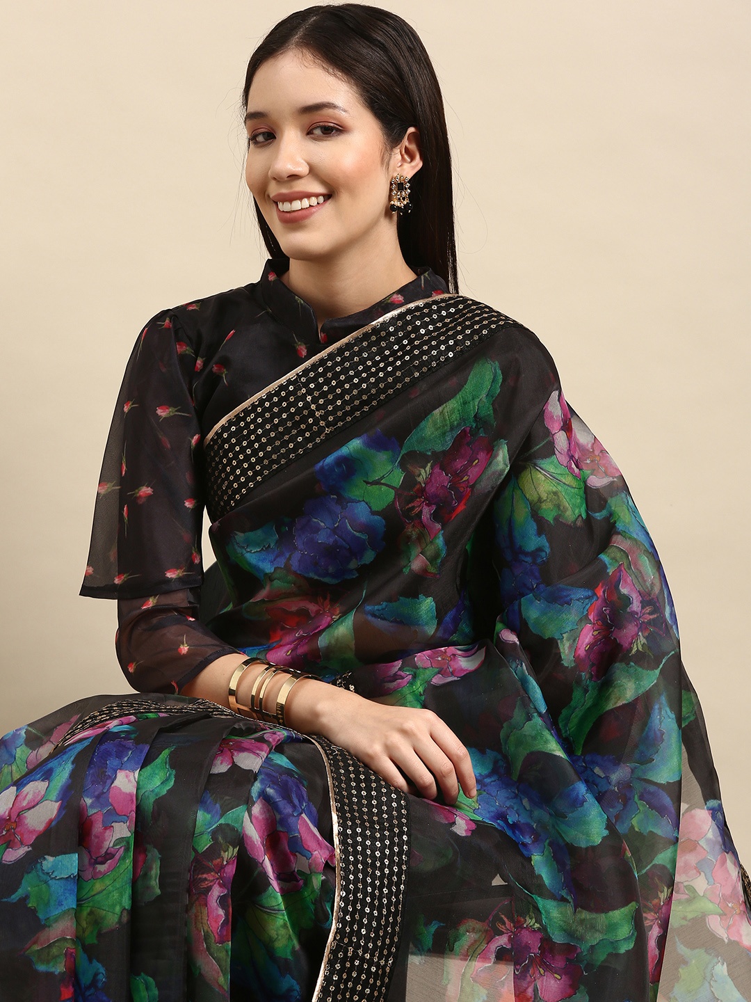 

Anouk Black & Green Floral Printed Sequinned Organza Saree with Embellished Border