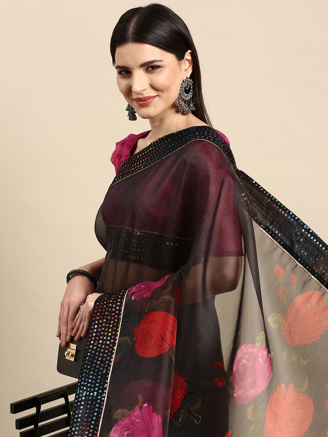 

Anouk Black & Red Floral Printed Sequinned Organza Saree