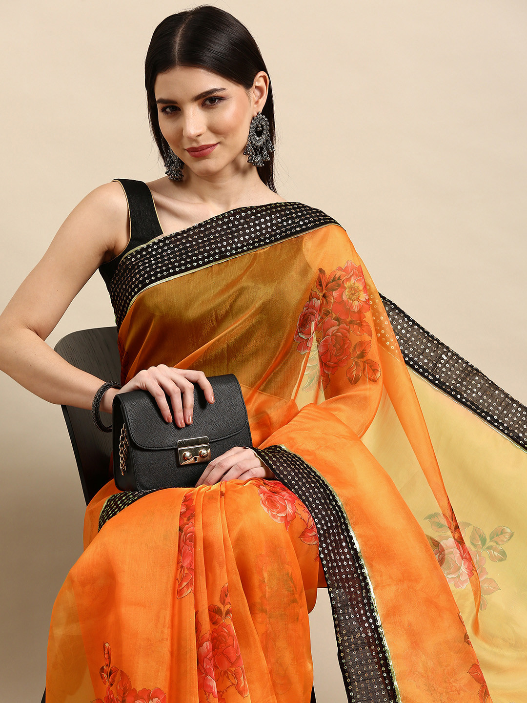 

Anouk Orange Floral Printed Sequinned Organza Saree