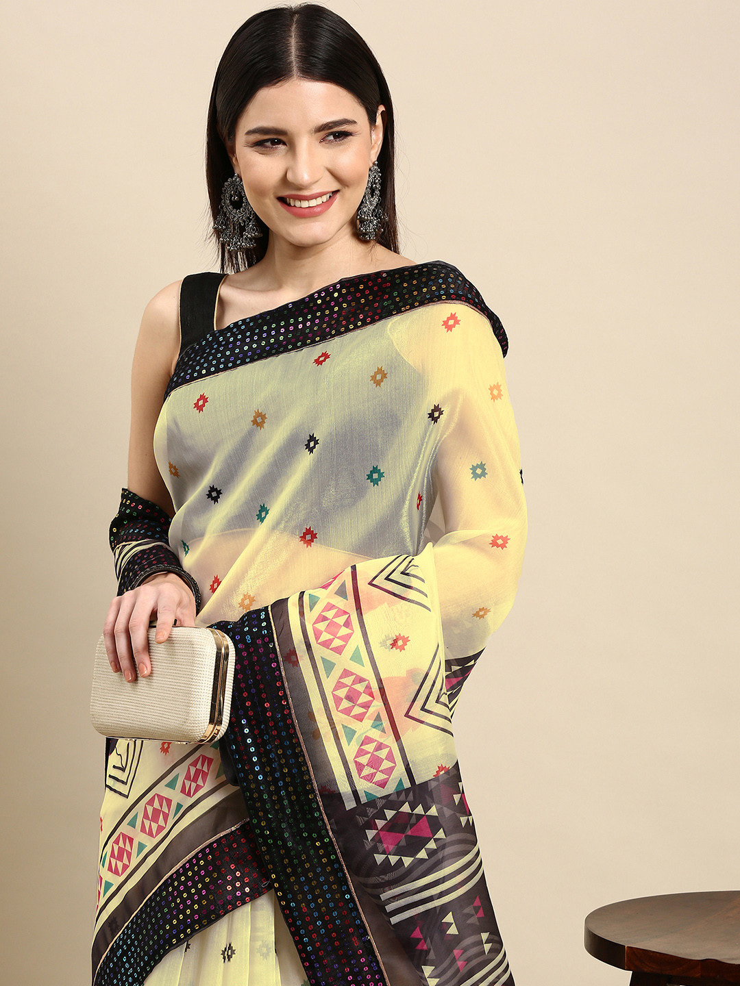 

Anouk Cream-Coloured Geometric Printed Sequinned Organza Saree
