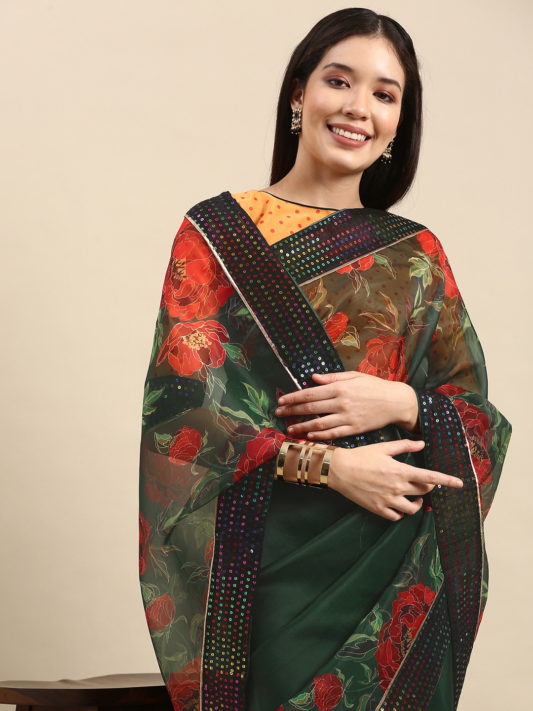 

Anouk Dark Green & Red Floral Printed Sequinned Organza Saree with Embellished Border