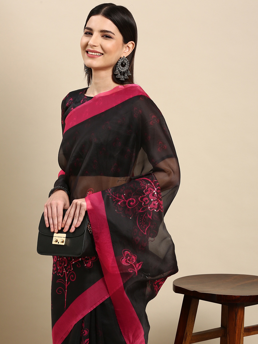 

Anouk Black Shiny Organza Sequined Party Saree