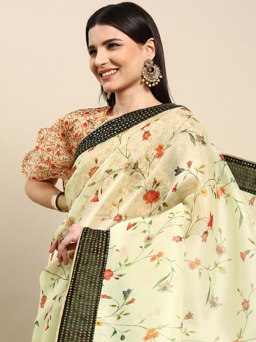 

Anouk Off White Floral Printed Sequinned Organza Saree