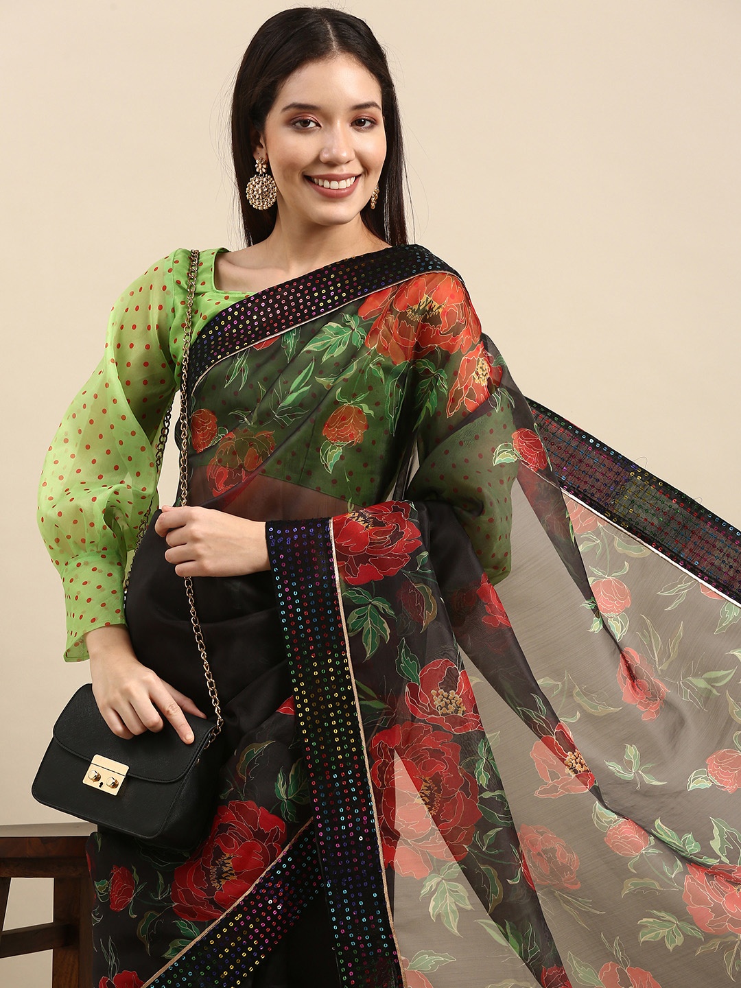 

Anouk Black & Red Floral Printed Sequinned Organza Saree with Embellished Border