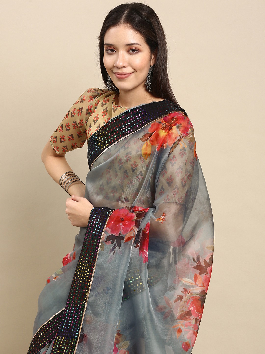 

Anouk Grey Floral Printed Sequinned Organza Saree