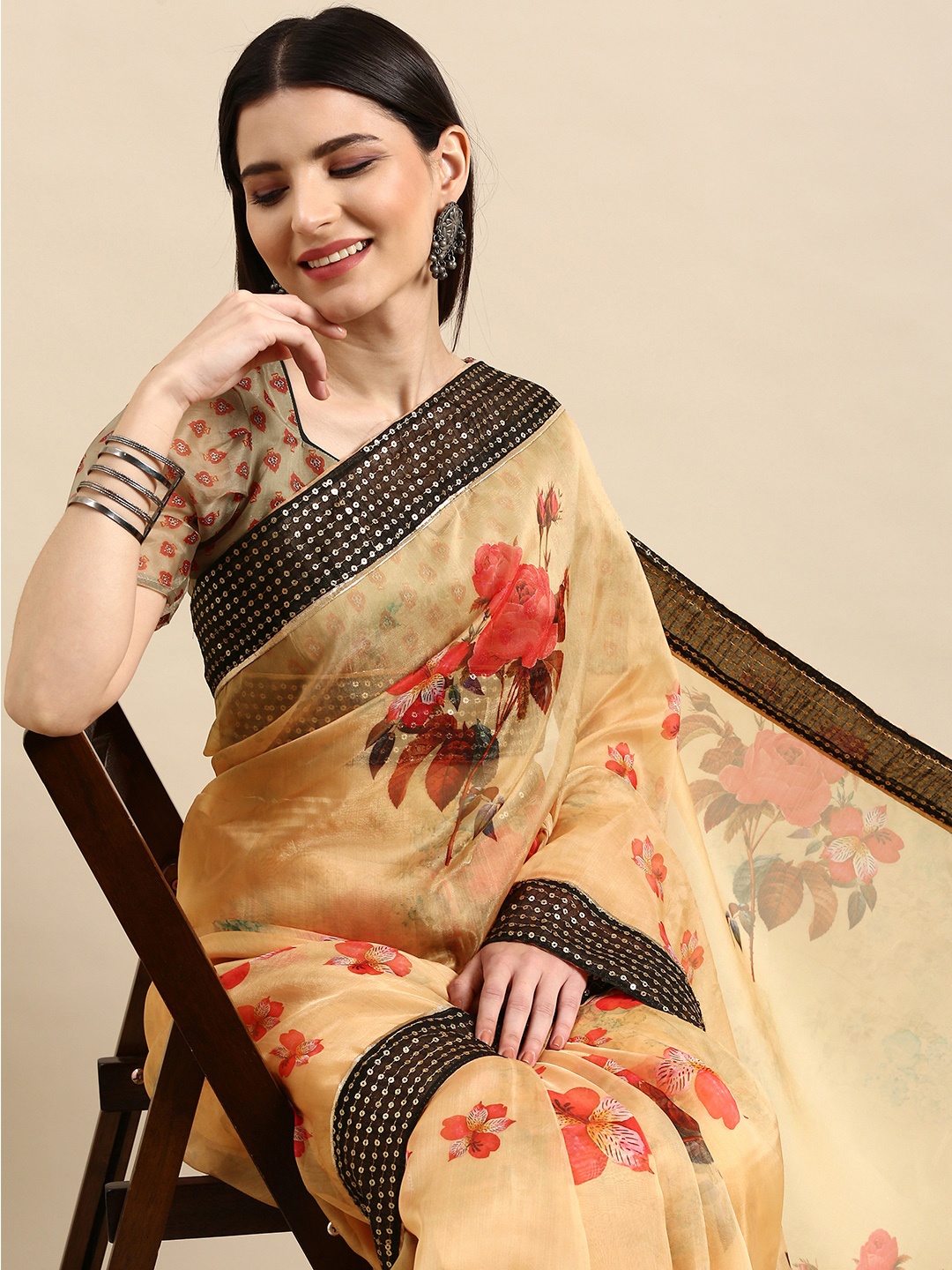

Anouk Cream-Coloured Floral Printed Sequinned Organza Saree