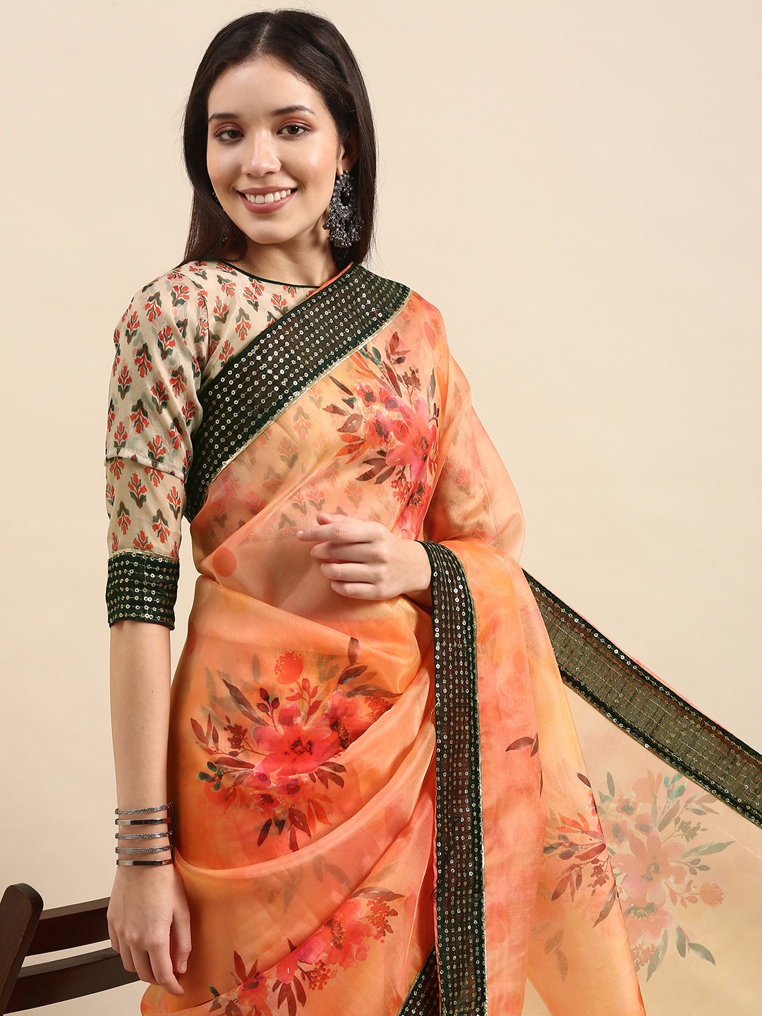 

Anouk Orange & Rose Pink Floral Printed Sequinned Organza Saree with Embellished Border