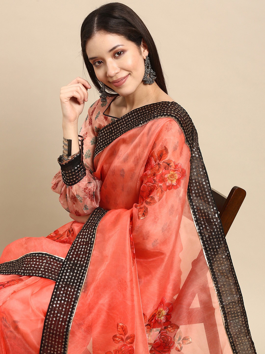 

Anouk Pink Floral Printed Sequinned Organza Party Wear Saree with Embellished Border