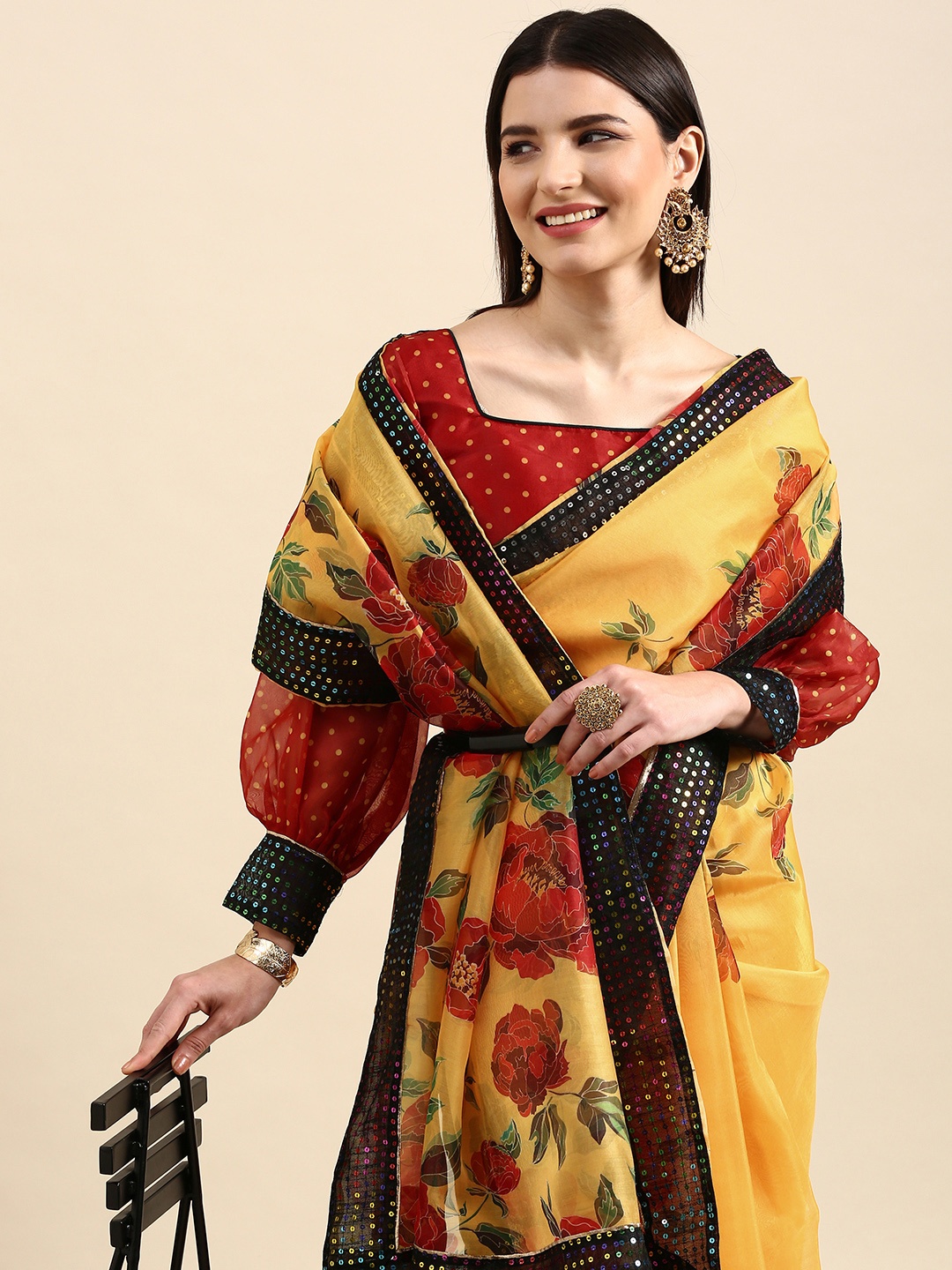 

Anouk Mustard Floral Printed Sequinned Organza Saree