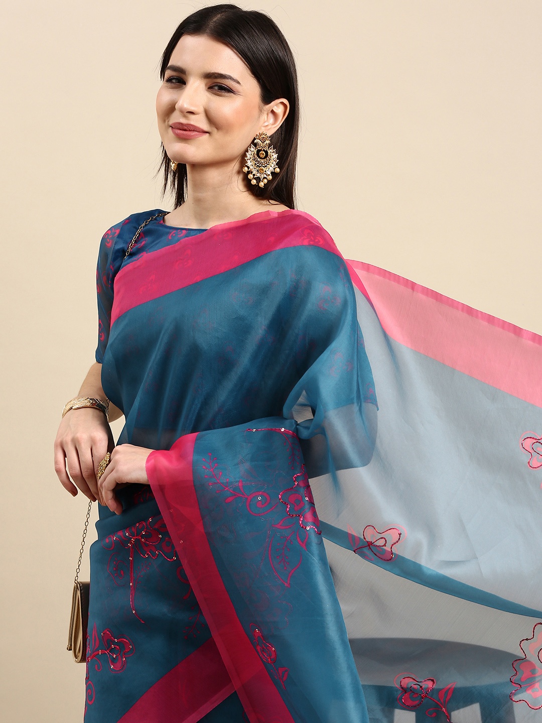 

Anouk Blue & Pink Floral Printed Sequinned Organza Saree