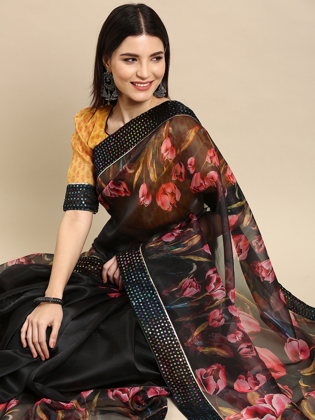 

Anouk Black Floral Printed Sequinned Organza Saree
