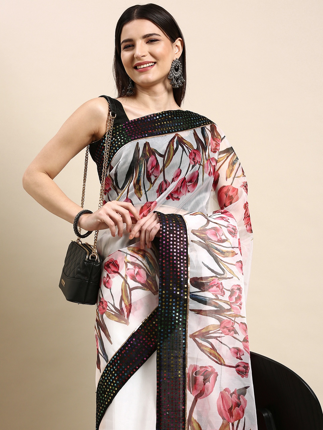 

Anouk White Floral Printed Sequinned Organza Saree
