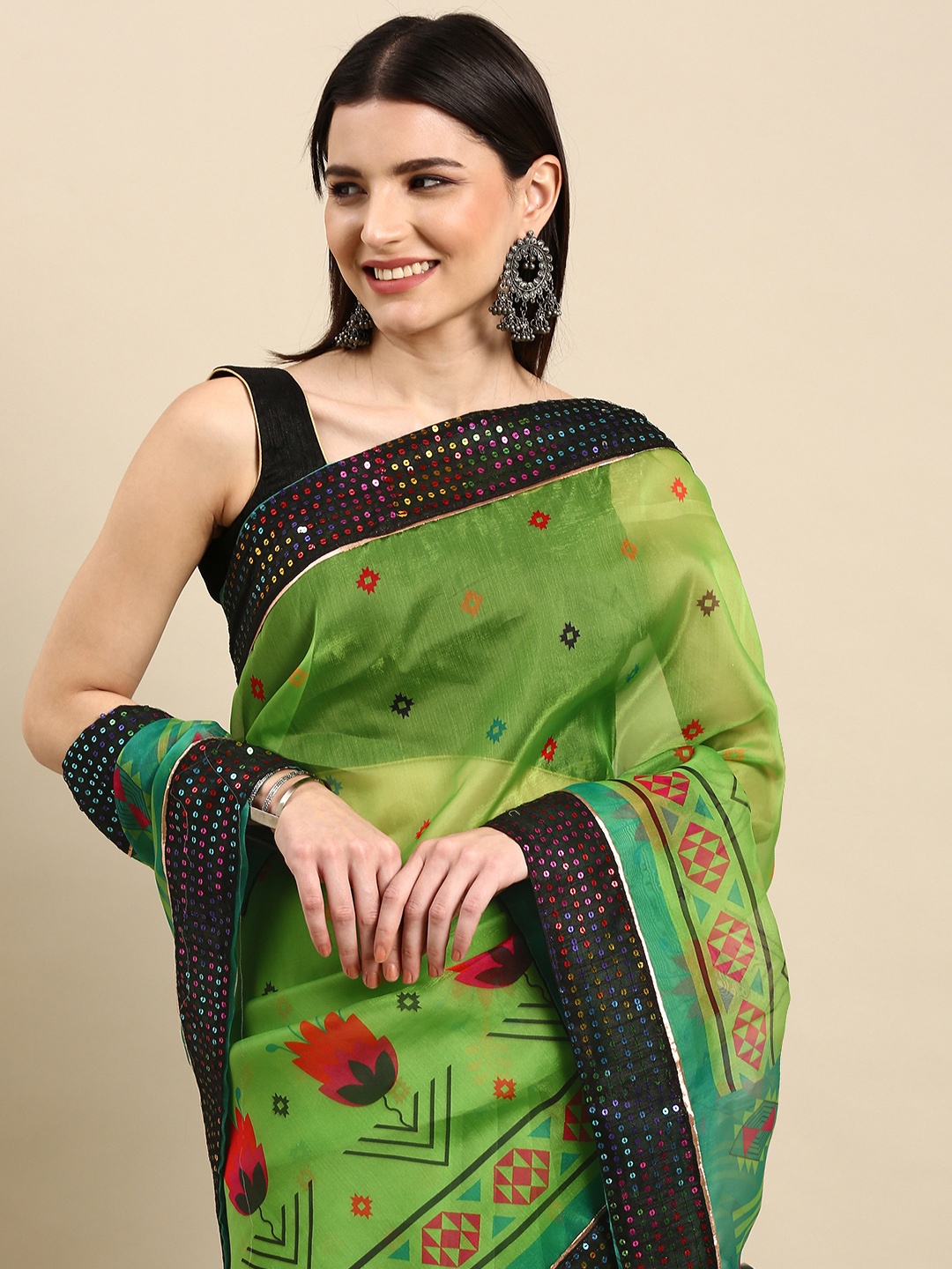 

Anouk Green Ethnic Motif Printed Sequinned Organza Saree