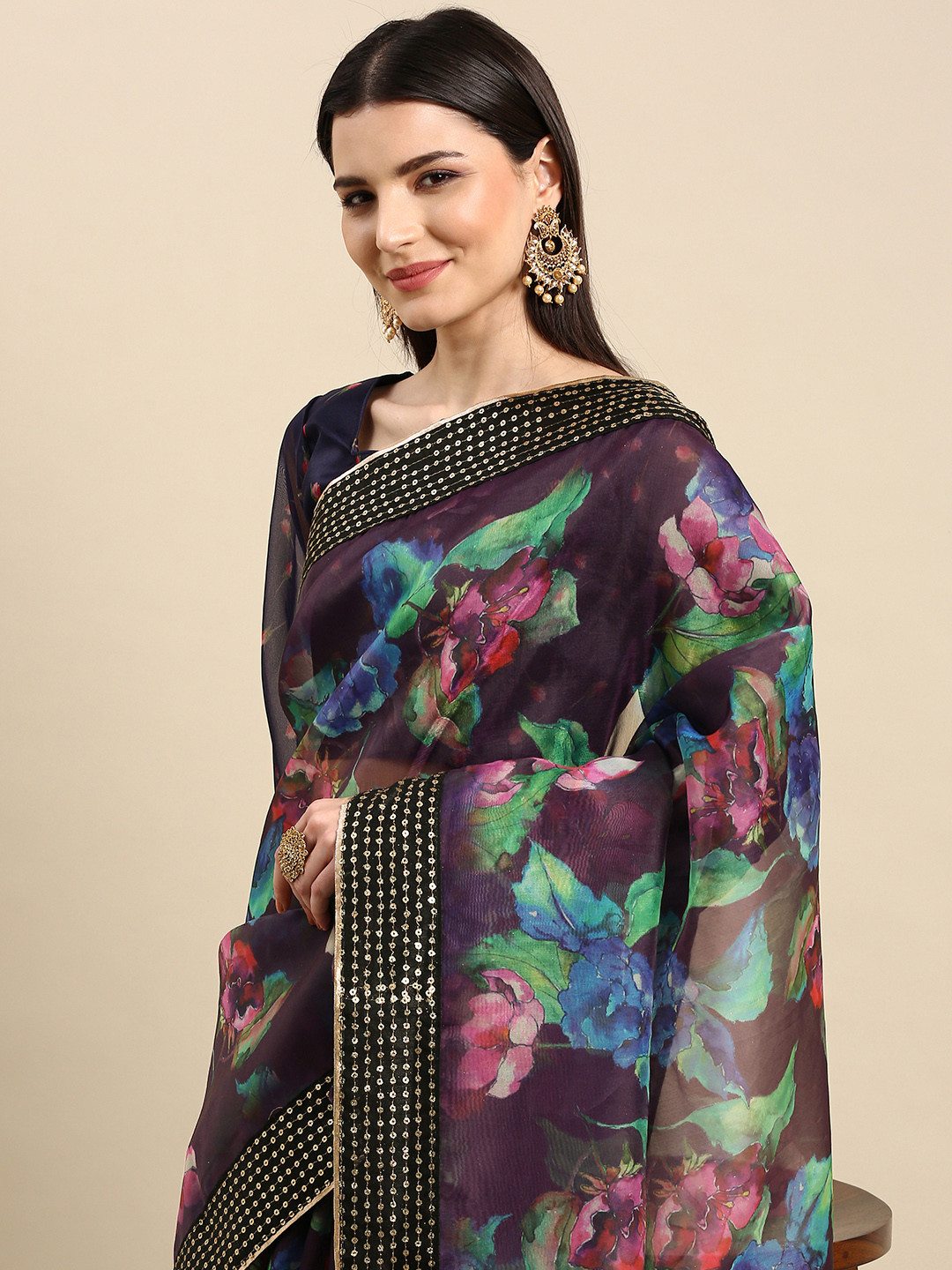 

Anouk Purple Floral Printed Sequinned Organza Saree