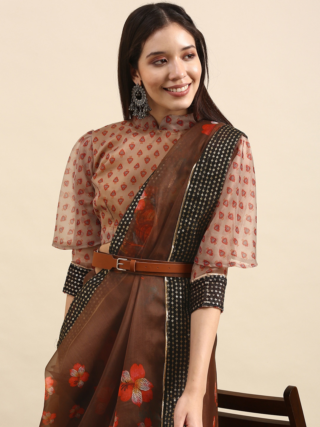 

Anouk Brown Floral Printed Sequinned Organza Saree