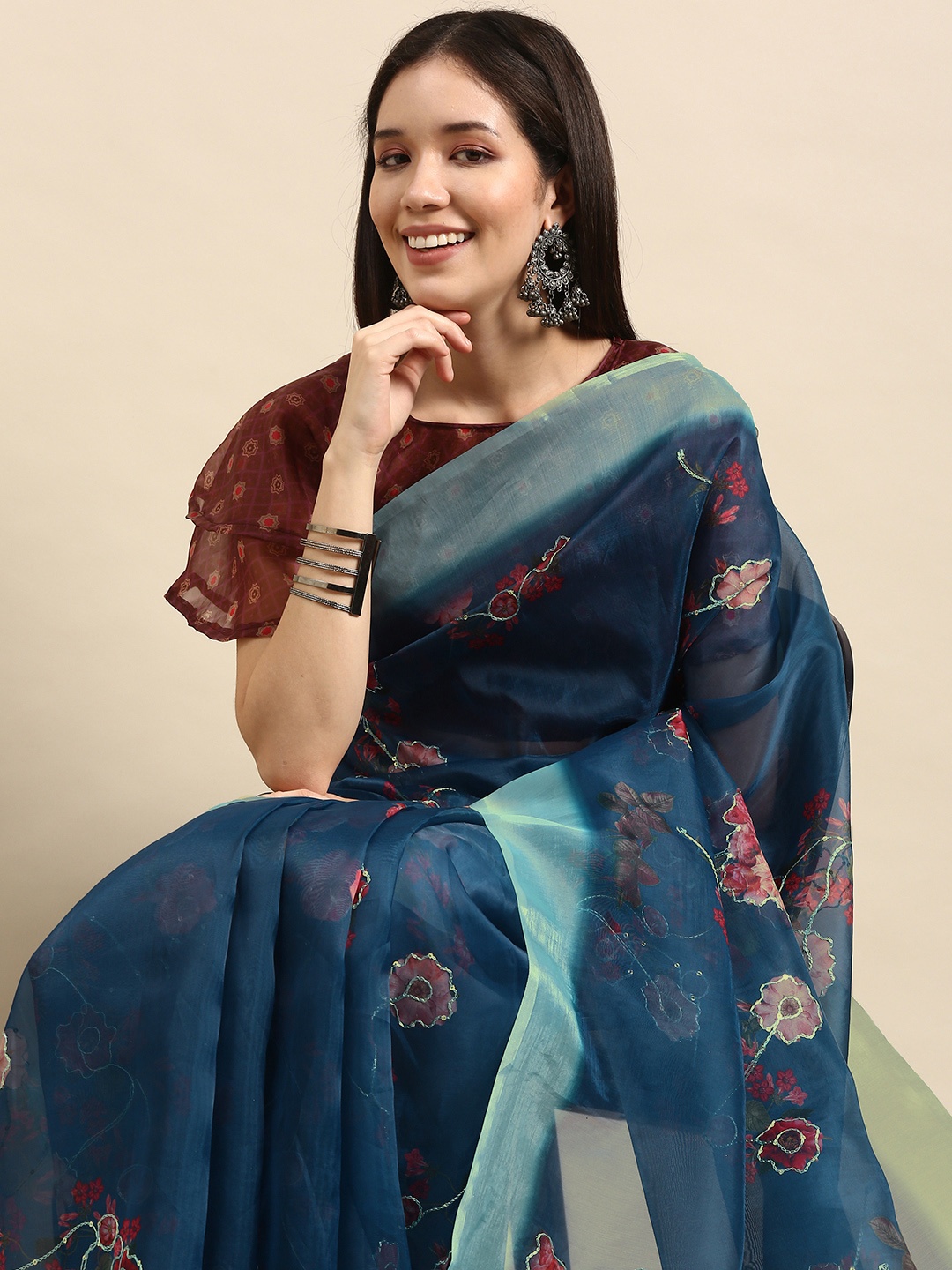 

Anouk Blue Floral Printed Sequinned Organza Saree