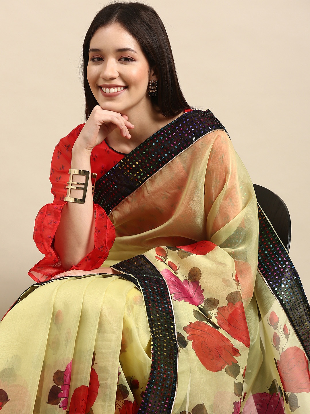 

Anouk Yellow & Red Floral Printed Sequinned Organza Saree with Embellished Border