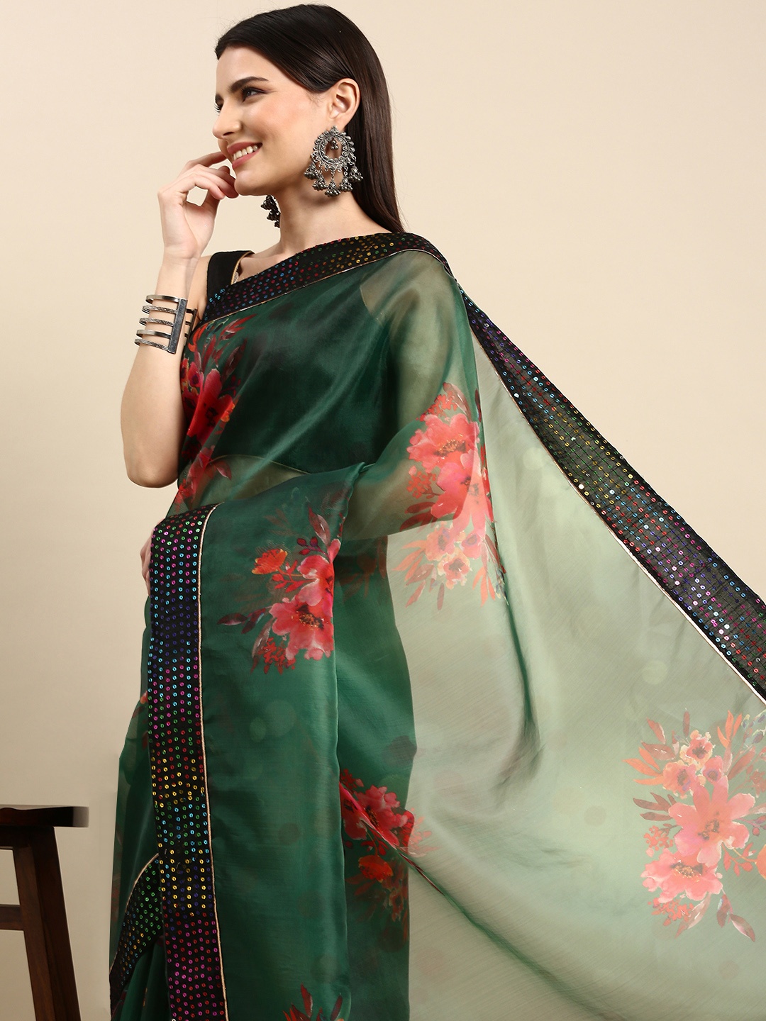 

Anouk Green Floral Printed Sequinned Organza Saree