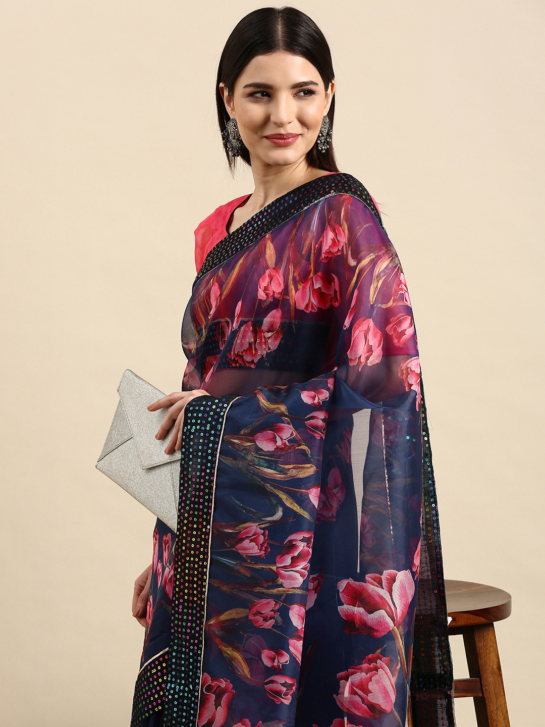 

Anouk Navy Blue & Pink Floral Printed Sequinned Organza Saree