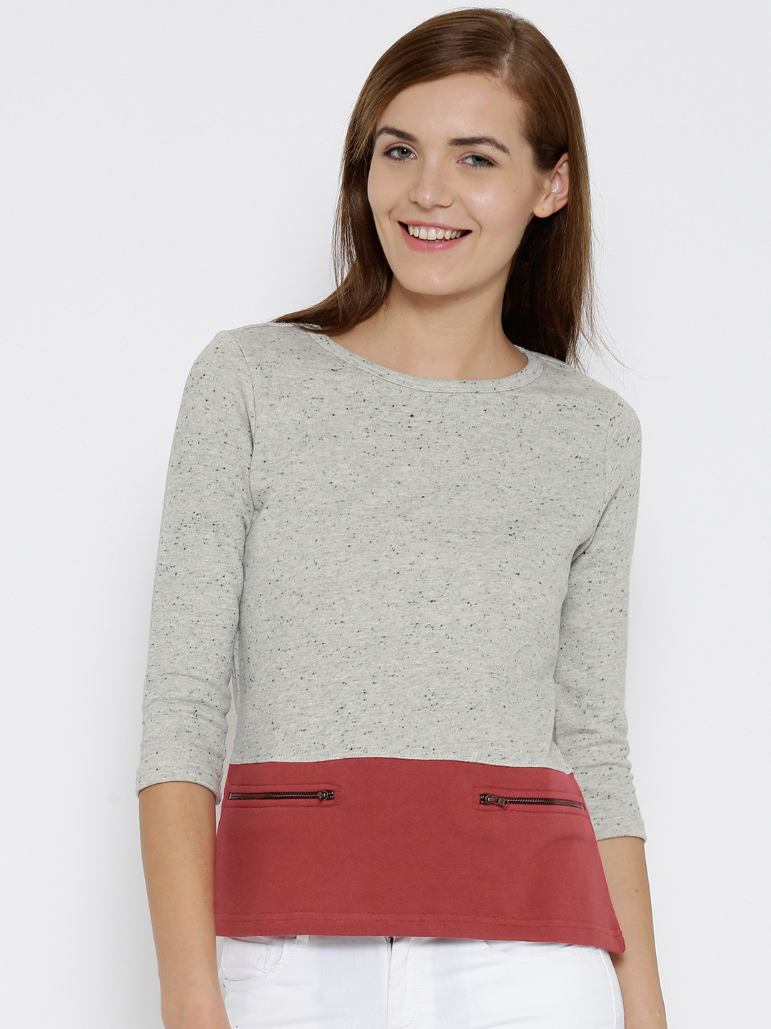 

United Colors of Benetton Grey Melange & Red Colourblocked Sweatshirt