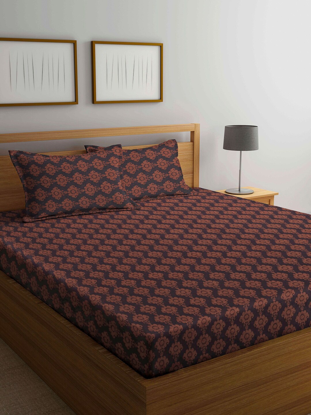 

Arrabi Brown & Black Ethnic Motifs 300 TC King Cotton Bedsheet with 2 Pillow Covers
