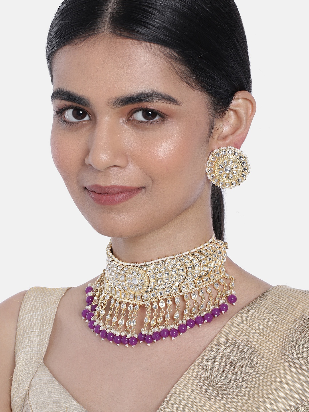 

I Jewels Gold Plated Kundan & Pearls Studded Choker Jewellery Set, Purple