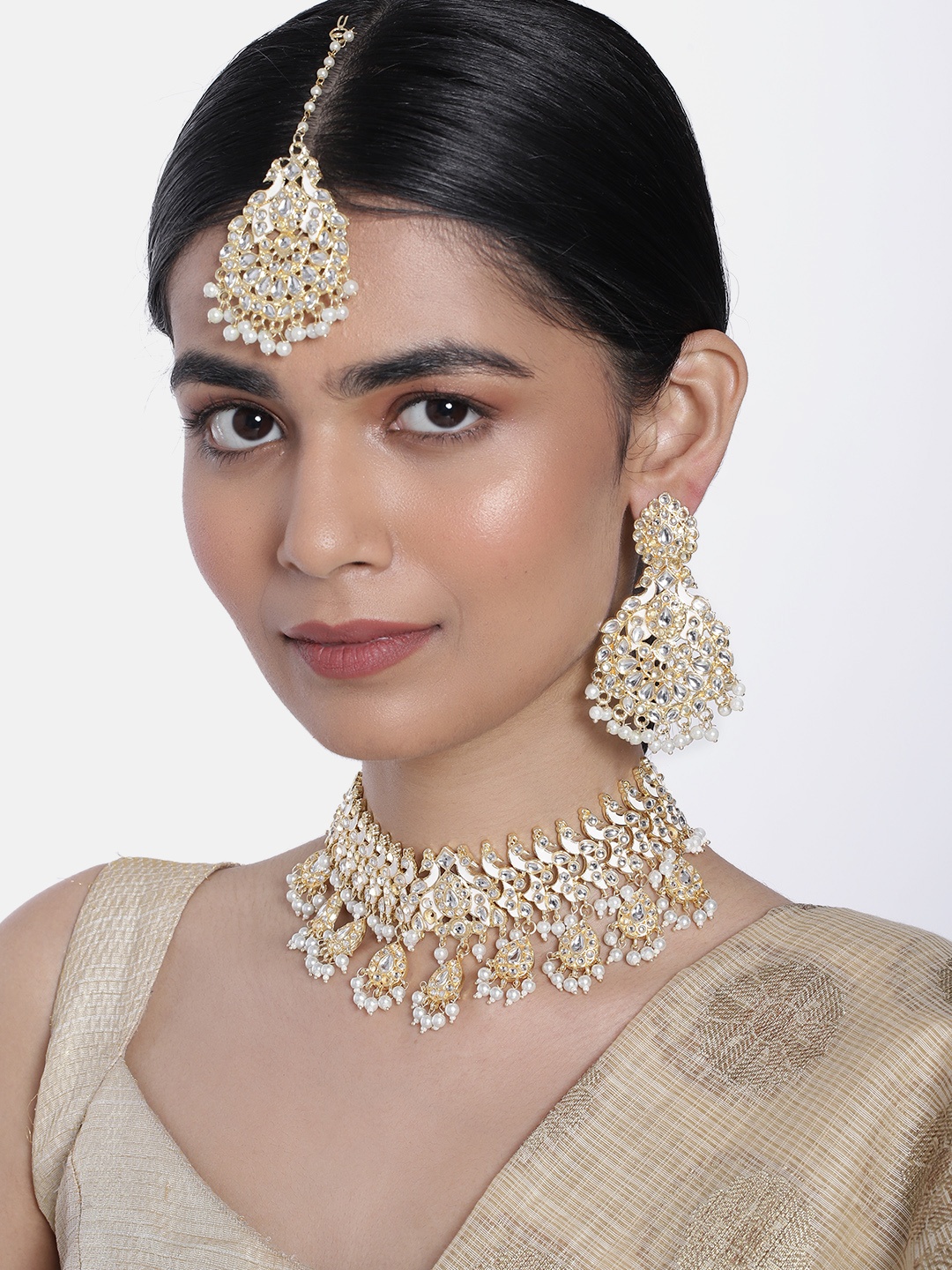 

I Jewels Gold Plated Pearl & Stone Studded Choker Jewellery Set, White