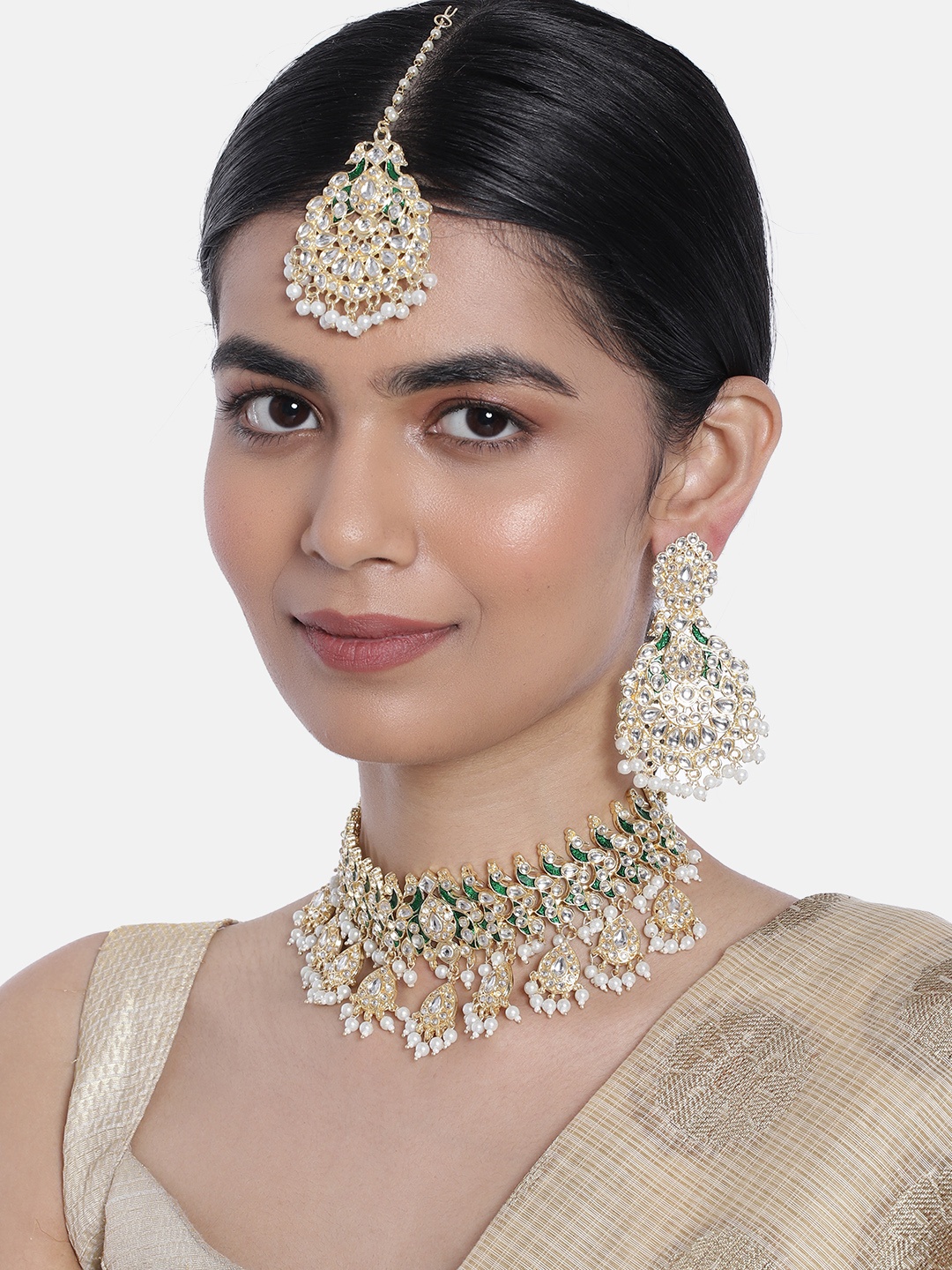 

I Jewels Gold Plated Pearl & Stone Studded Choker Jewellery Set, Green