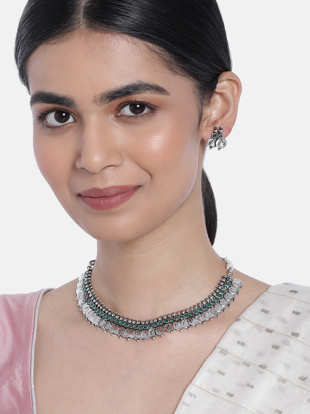 

I Jewels Oxidised Silver Plated Coin Jewellery Set, Green