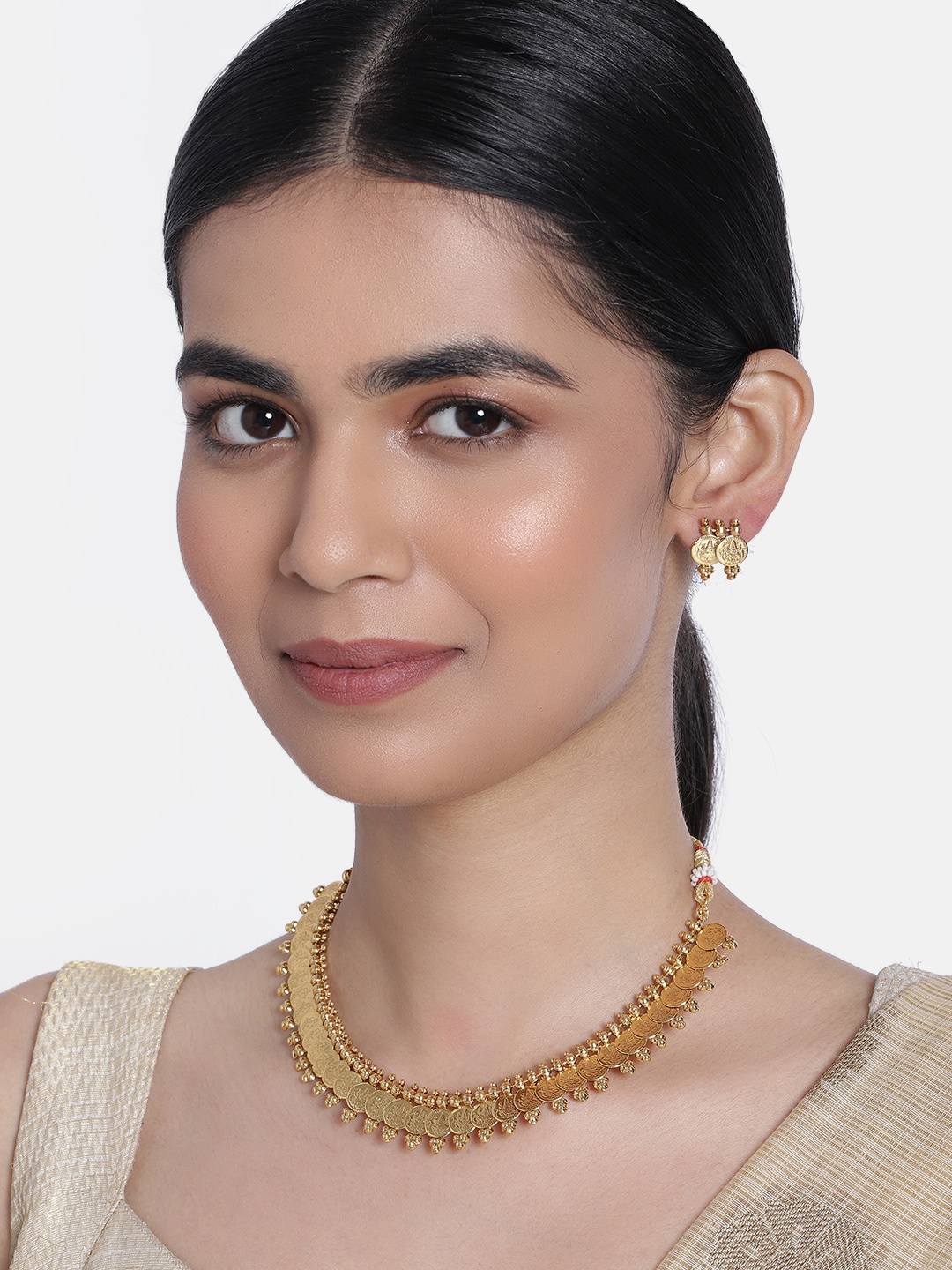 

I Jewels Golden Gold Plated South Indian Style Temple Necklace Jewellery Set