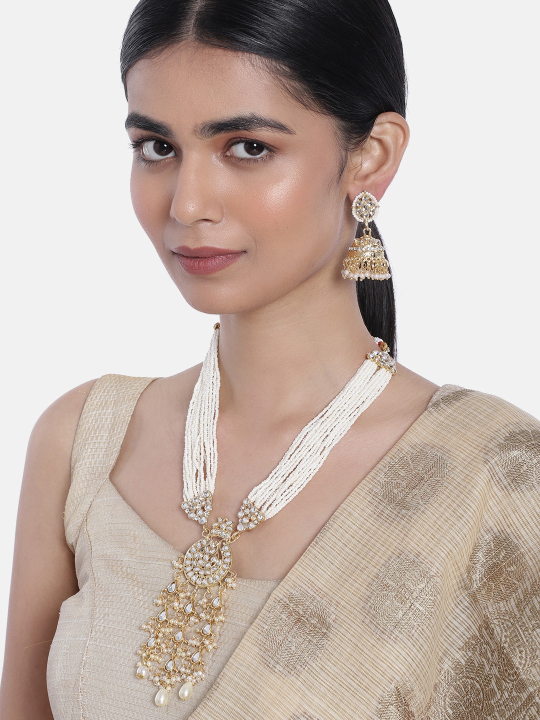 

I Jewels White Gold Plated Multistrand Pearl Kundan Studded Jewellery Set