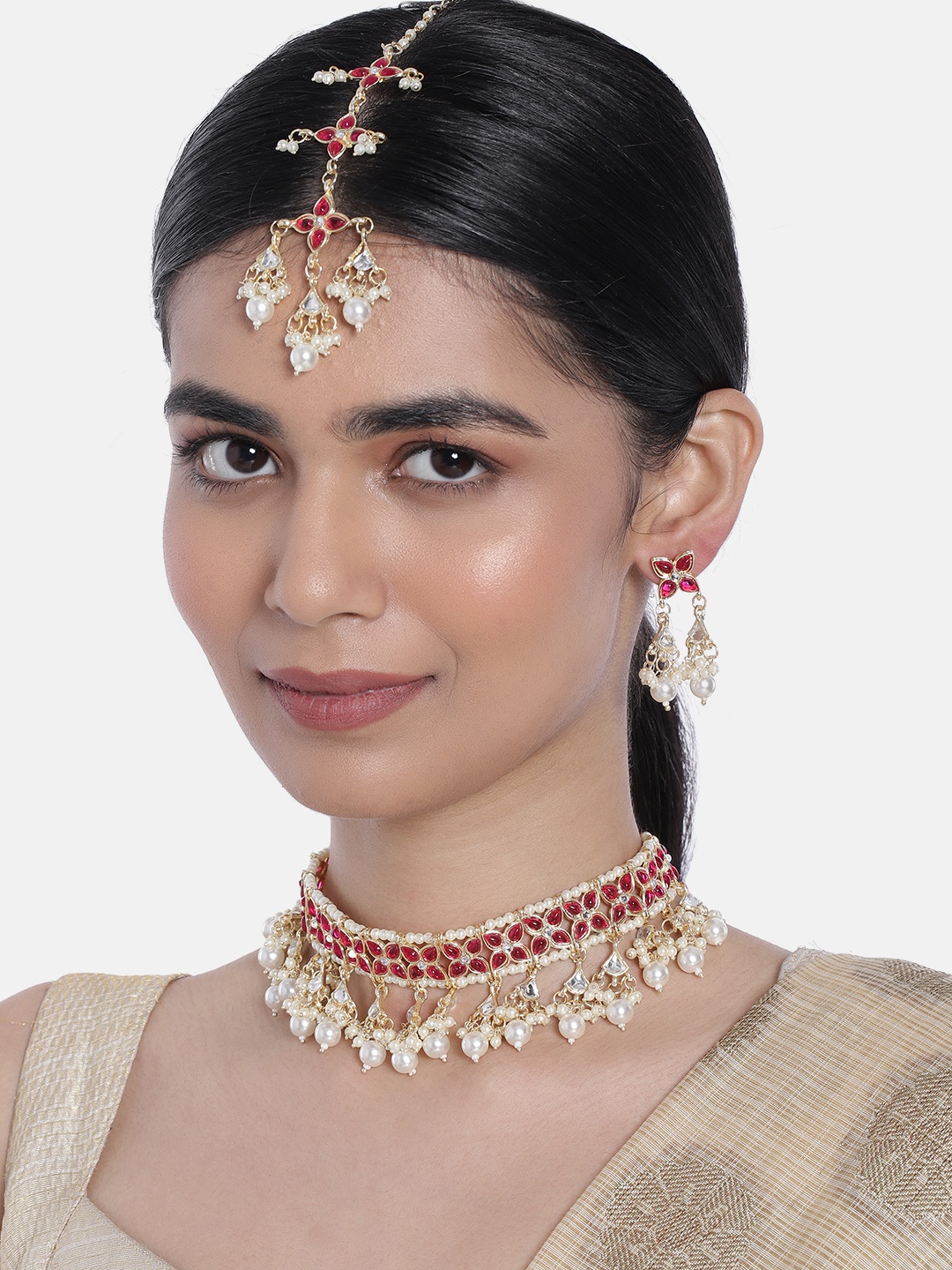 

I Jewels Pink Gold Plated Kundan & Pearls Studded Choker Jewellery Set