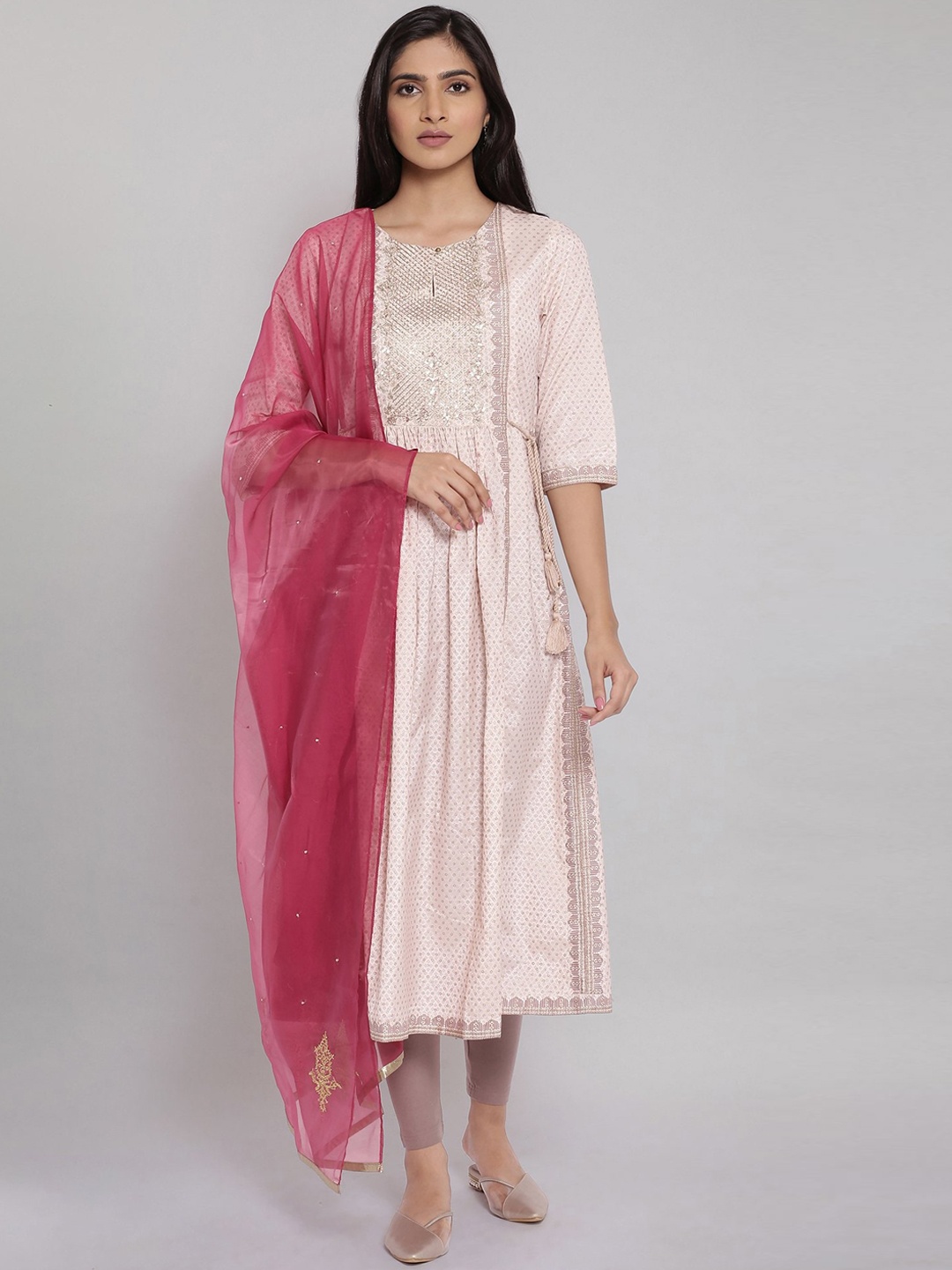 

W Women Pink Ethnic Motifs Embroidered Layered Kurta with Trousers & Dupatta