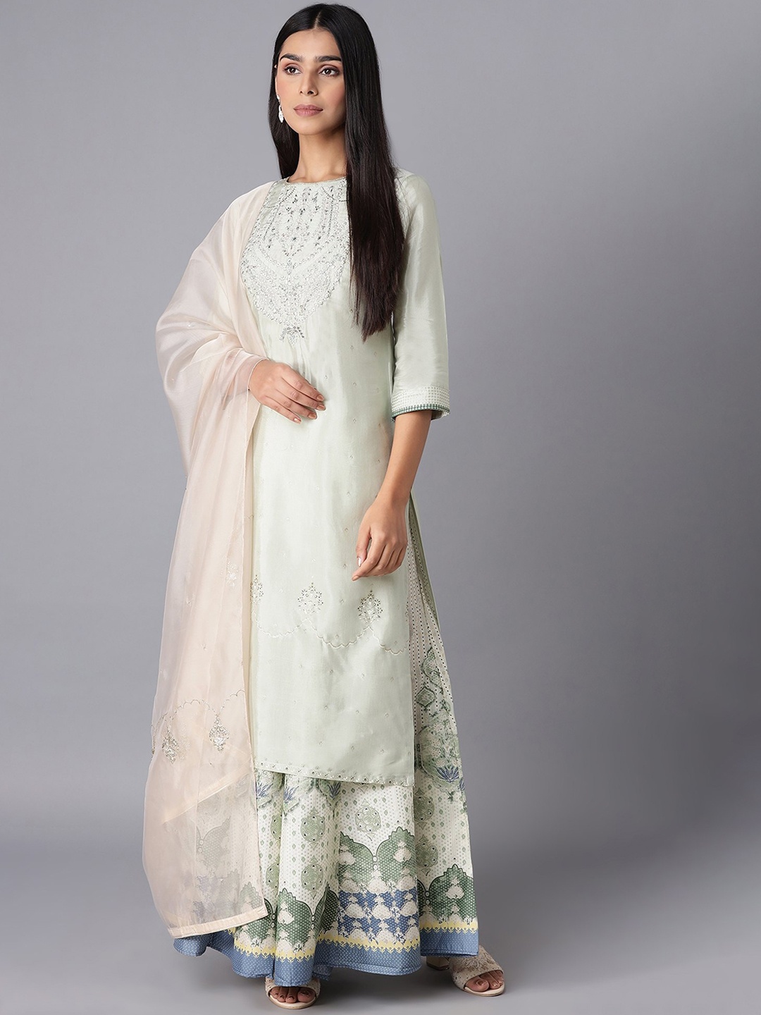 

W Women Green Ethnic Motifs Embroidered Kurta with Palazzos & Dupatta