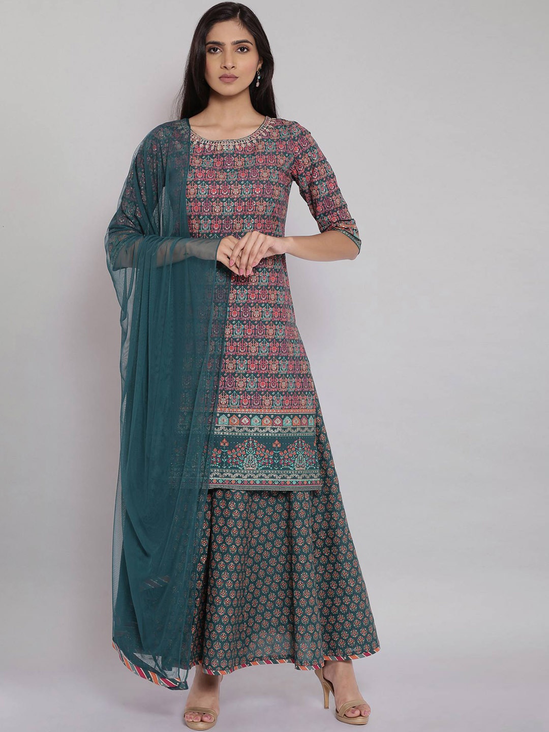 

W Women Green Ethnic Motifs Printed Pure Cotton Kurta with Palazzos & With Dupatta