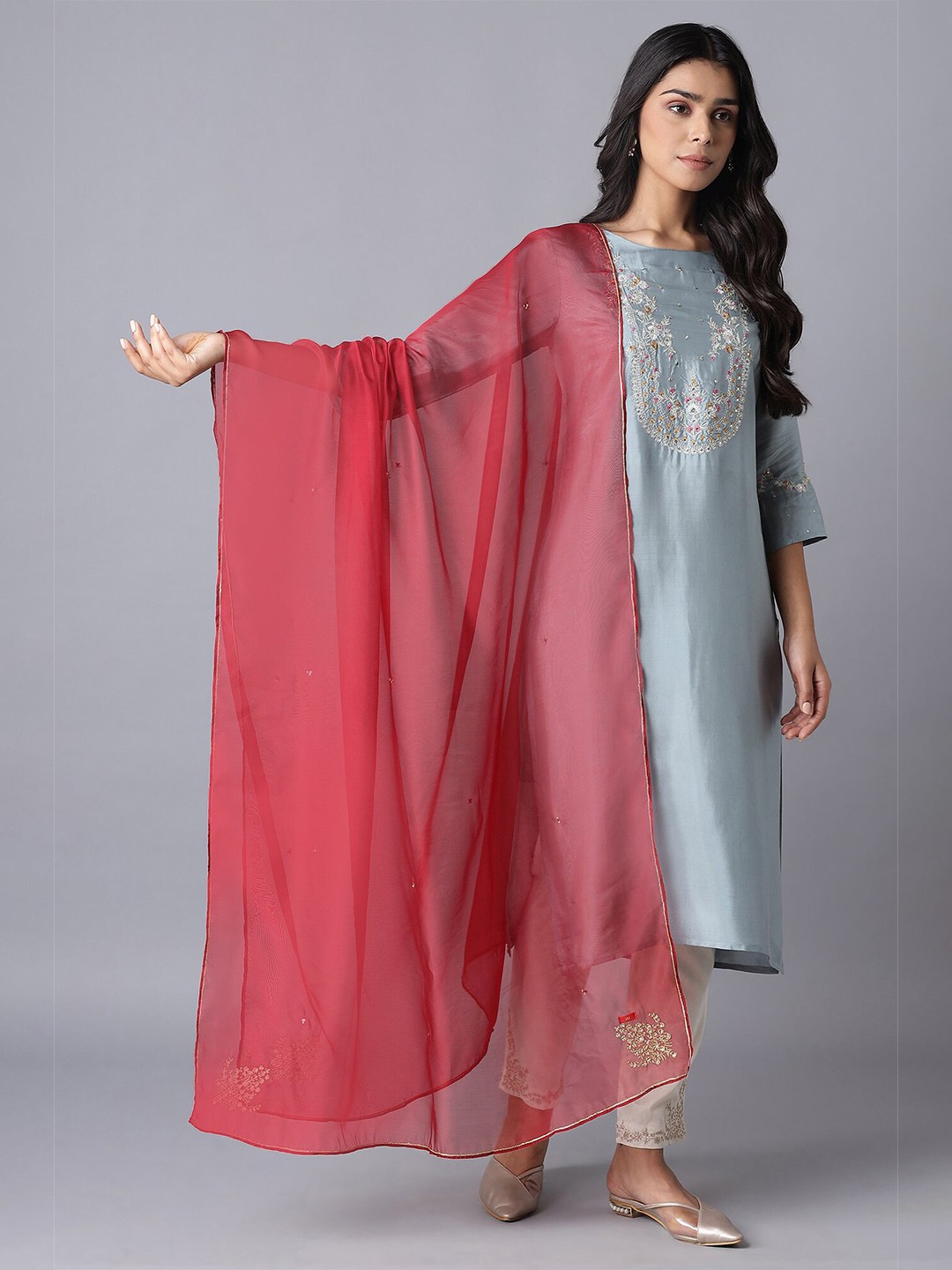 

W Red Ethnic Motifs Organza Dupatta with Thread Work