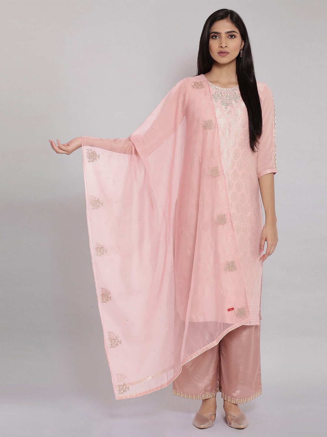 

W Pink & Gold-Toned Embroidered Organza Dupatta
