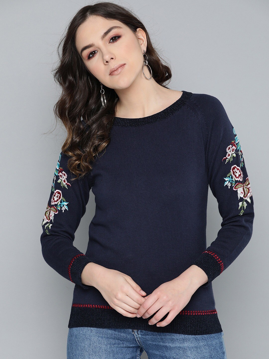 

Carlton London Women Navy Blue & Red Floral Pullover with Embroidered Detail
