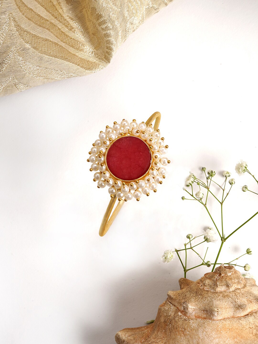 

TEEJH Women Gold-Toned & Red Brass Gold-Plated Cuff Bracelet