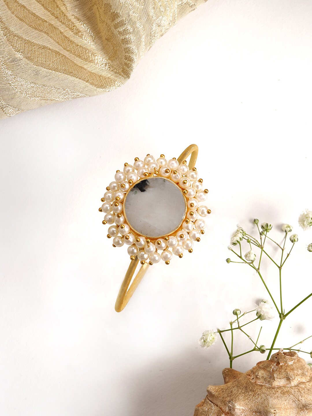 

TEEJH Women Gold-Toned & White Brass Gold-Plated Cuff Bracelet
