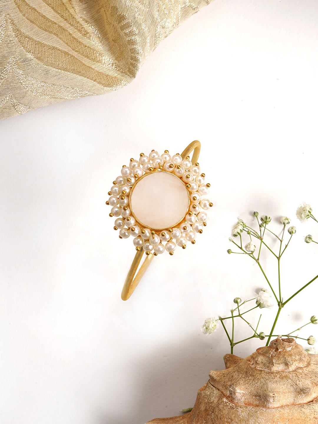 

TEEJH Women Gold-Toned & White Brass Gold-Plated Cuff Bracelet