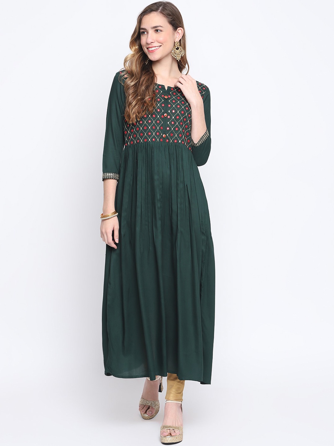 

FASHION DEPTH Women Green Geometric Yoke Design Mirror Work Anarkali Kurta