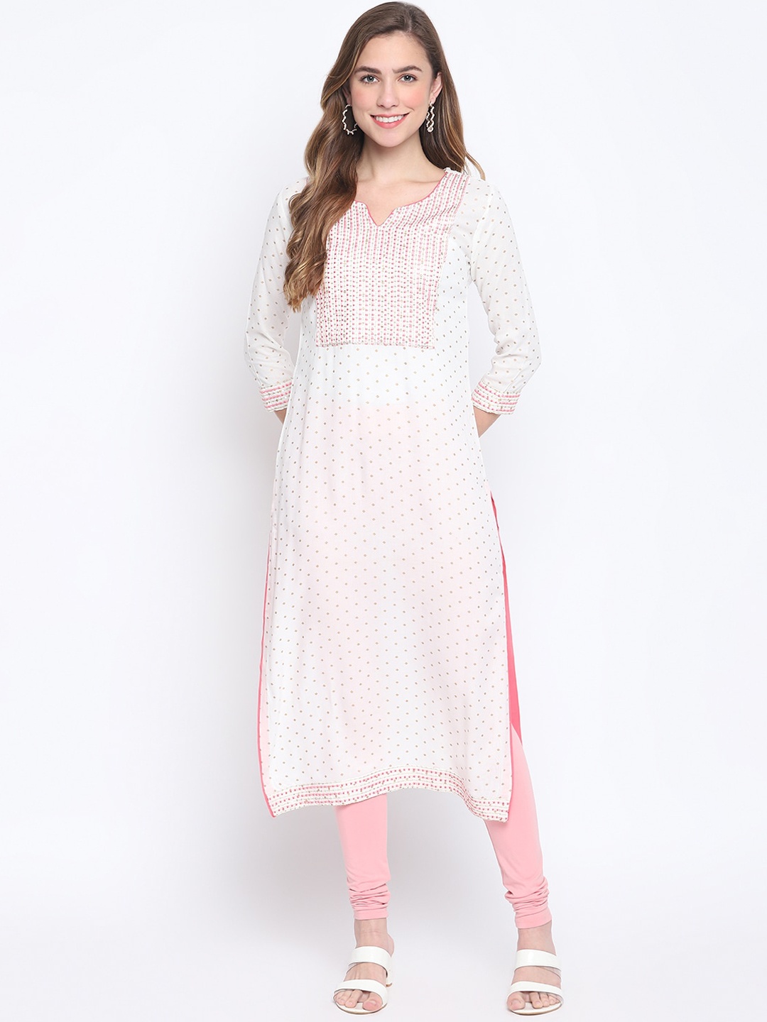 

FASHION DEPTH Women White & Pink Geometric Embroidered Straight Kurta